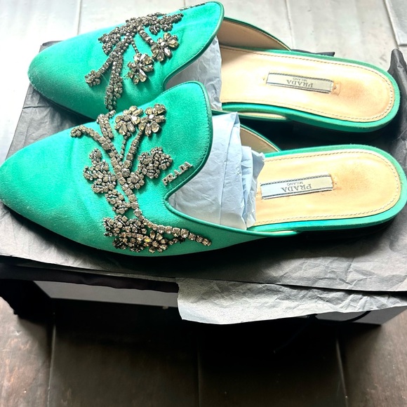 Prada Satin Green Slides Loafers Mules with crystals sz 39 US 9 - Picture 13 of 14